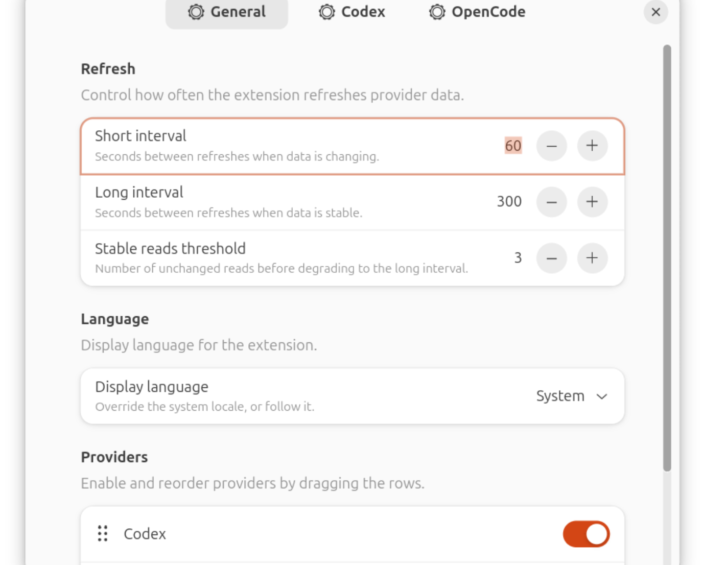Expanded detail panel with per-provider limit fields and reset times