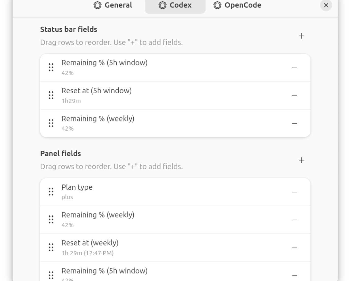 Preferences window for per-provider field configuration