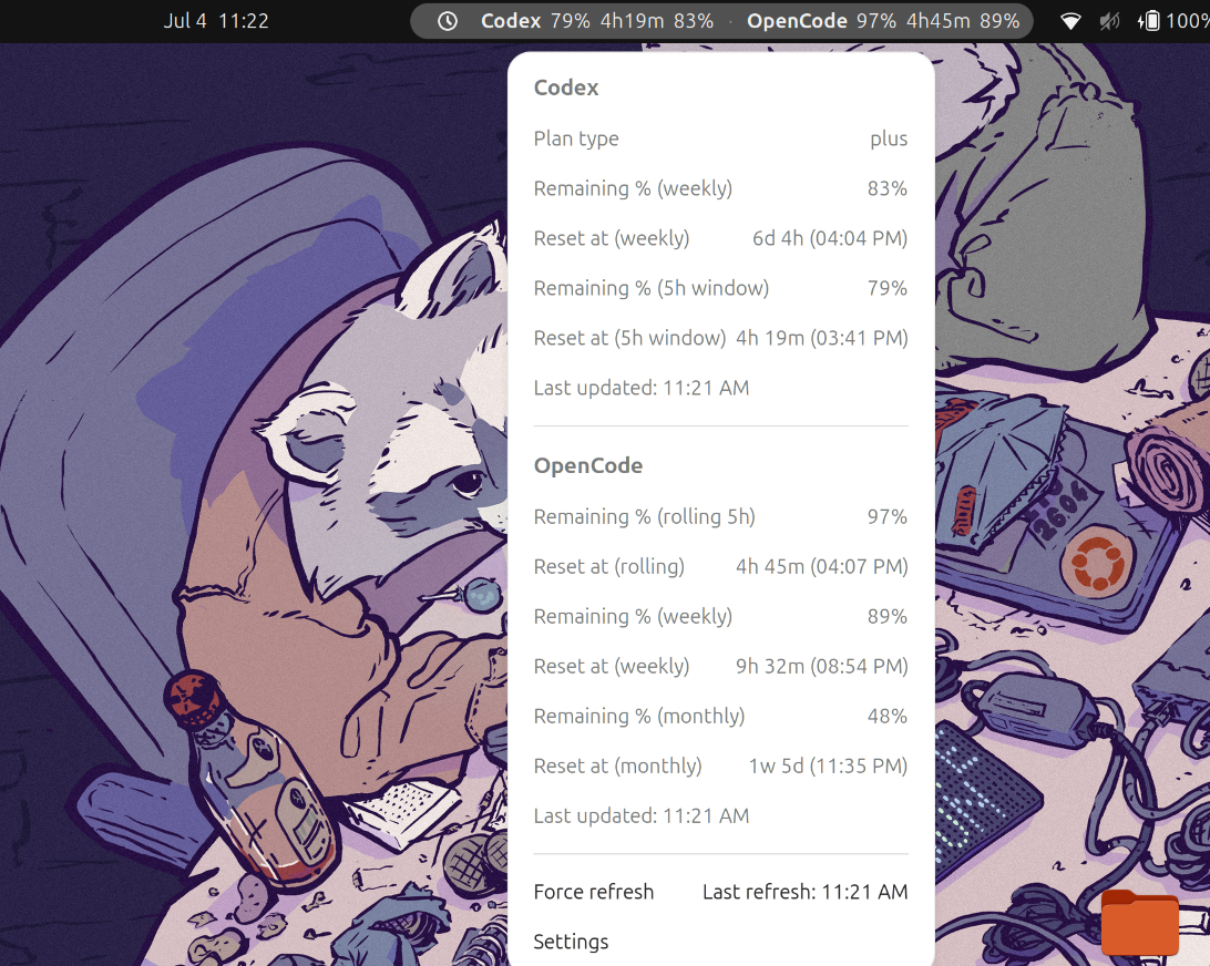 Compact status bar in the GNOME top bar showing per-provider usage